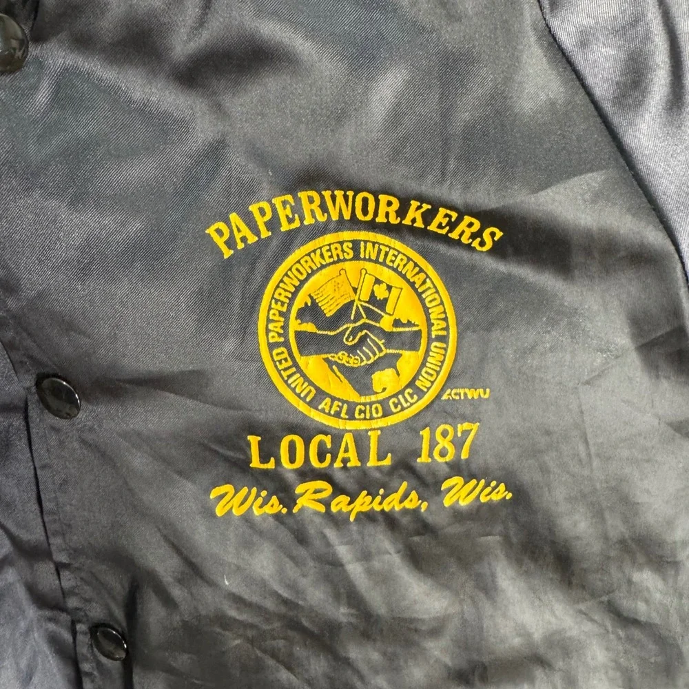 King‎ Louie Pro Fit Bomber Jacket Men L Black Paperworkers Union Satin Vintage